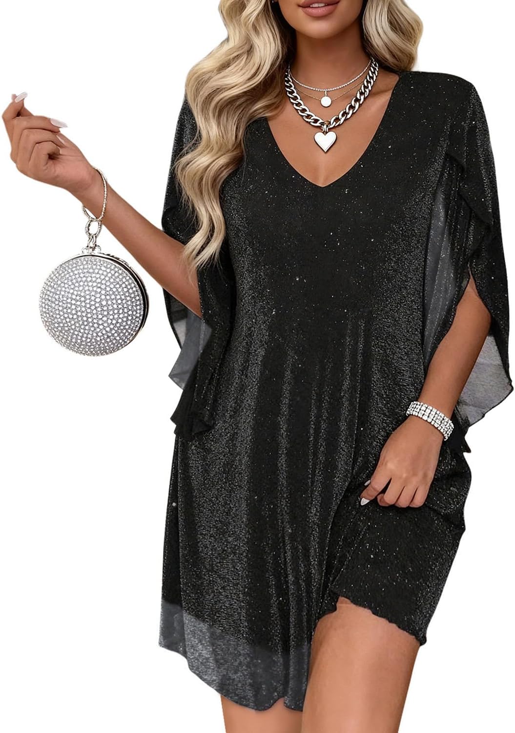 Women's Sparkly Cocktail Dresses for Wedding Guest Flutter Sleeve Loose Chiffon Party Dress (XS-XL)