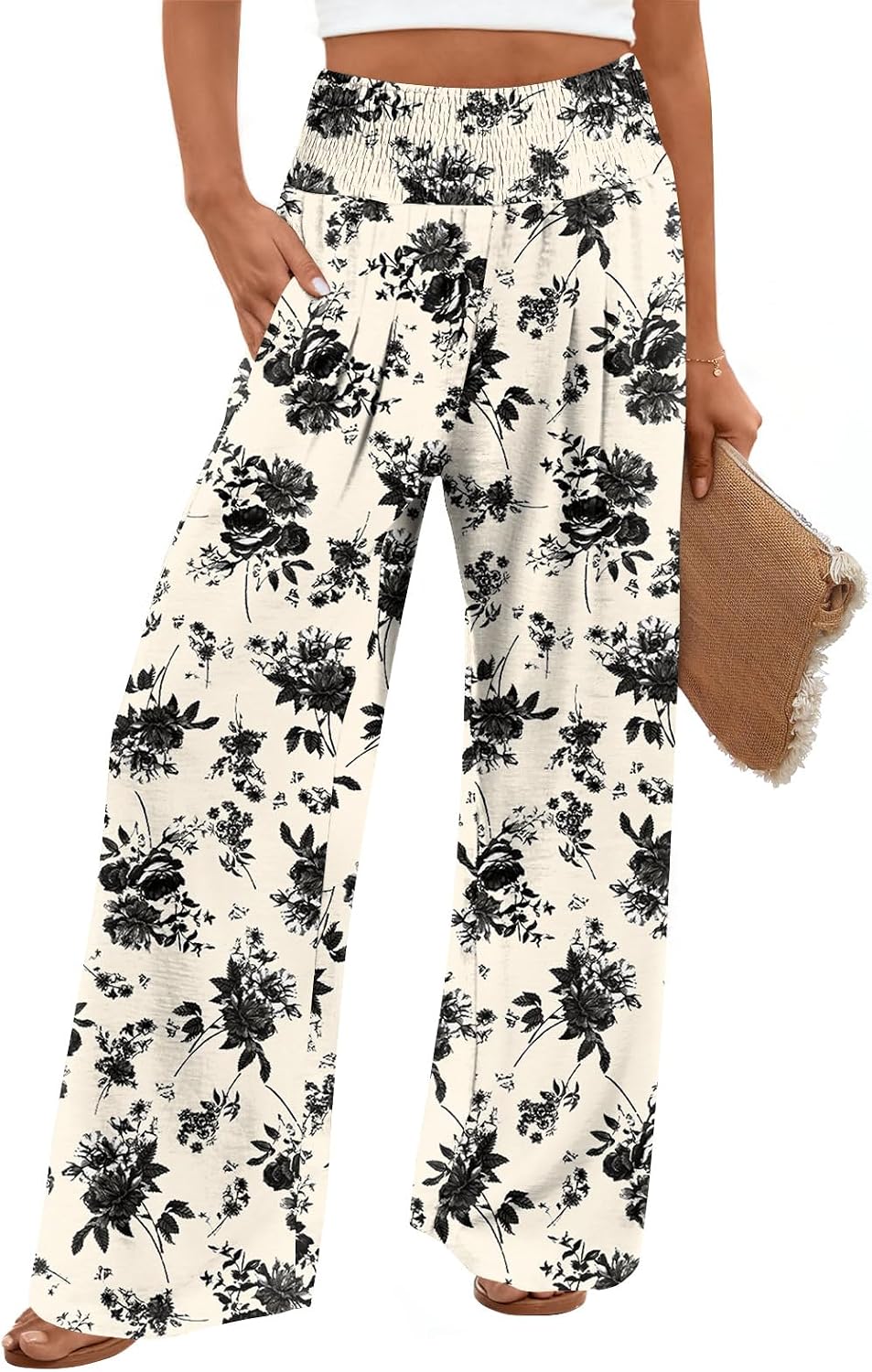 Findsweet Womens Wide Leg Pants Palazzo Casual Flowy Elastic Waist Pant Dressy Long Lounge with Pockets