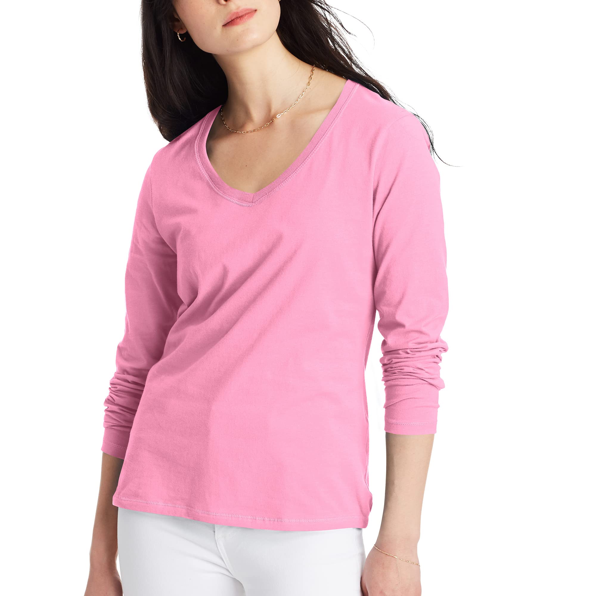 Hanes Women's Long Sleeve Cotton V-Neck T-Shirt, Lightweight V-Neck Tee, Modern Fit