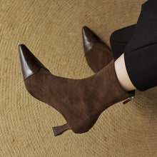 Load image into Gallery viewer, Women's Retro Pointed-Toe Patchwork Slim Mid-Calf Boots | Sheepskin Upper | Black &amp; Brown
