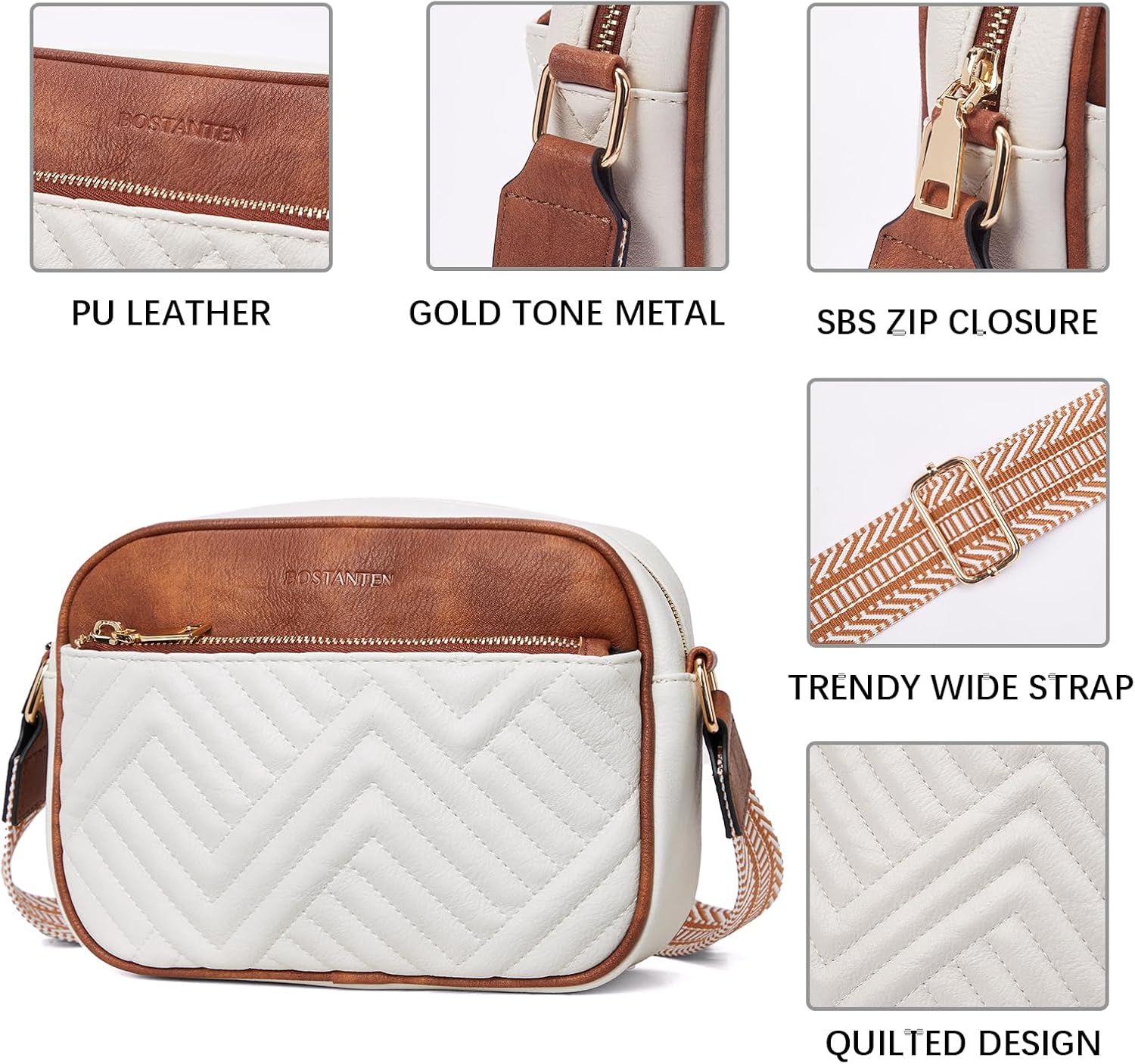 BOSTANTEN Quilted Crossbody Bags for Women Vegan Leather Purses Shoulder Handbags with Wide Strap