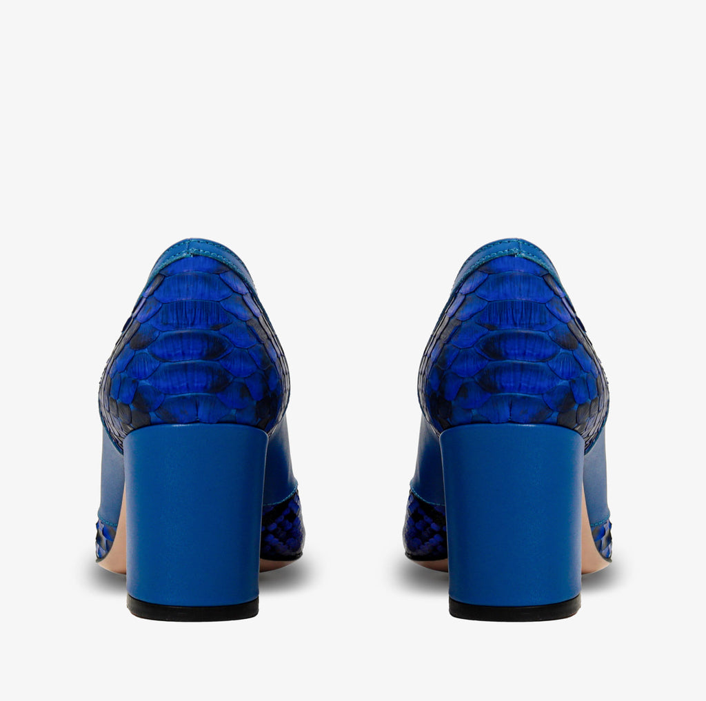 The Toskana Sax Blue Pythn Leather Block Heel Pump Women Shoe
