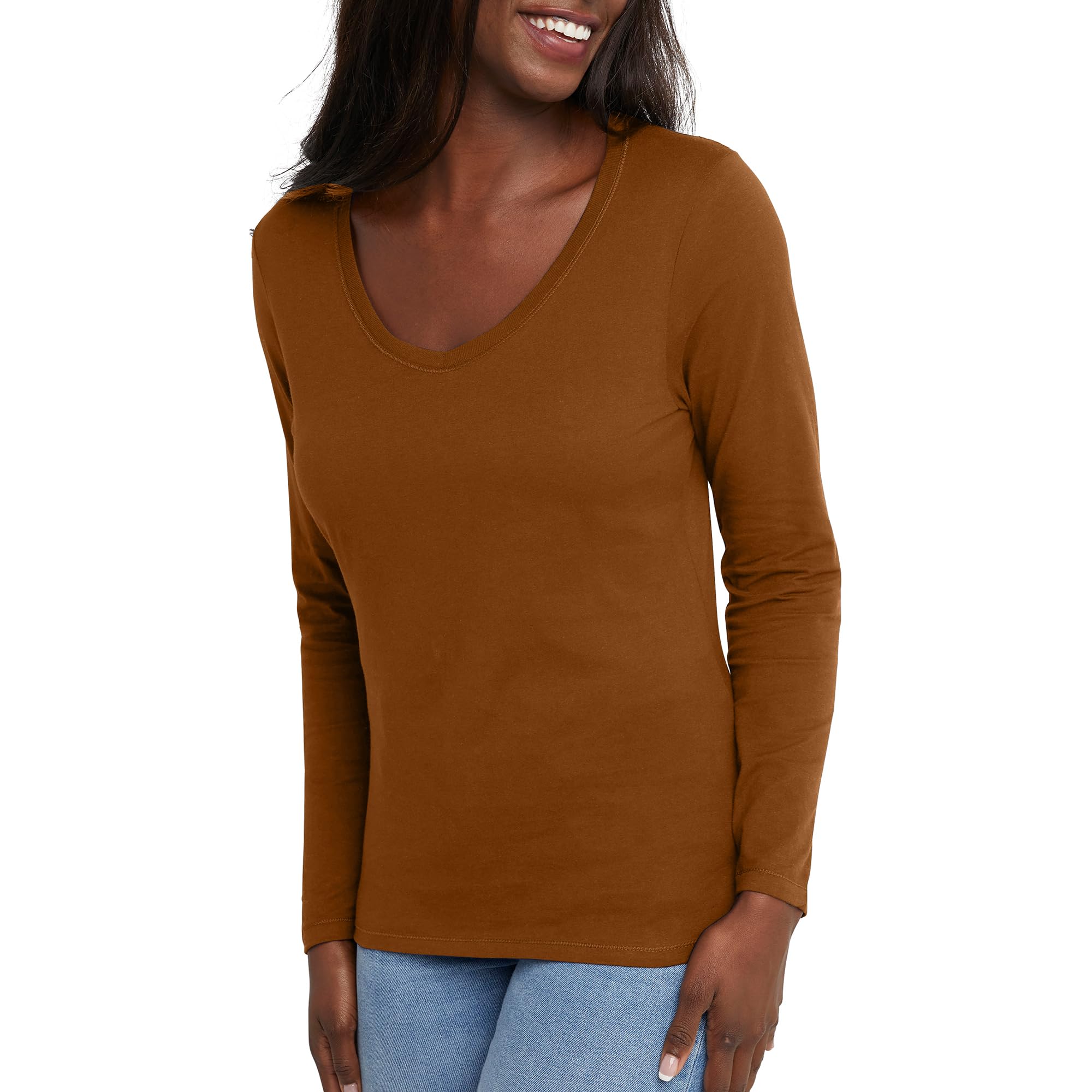 Hanes Women's Long Sleeve Cotton V-Neck T-Shirt, Lightweight V-Neck Tee, Modern Fit