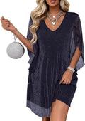 Women's Sparkly Cocktail Dresses for Wedding Guest Flutter Sleeve Loose Chiffon Party Dress (XS-XL)