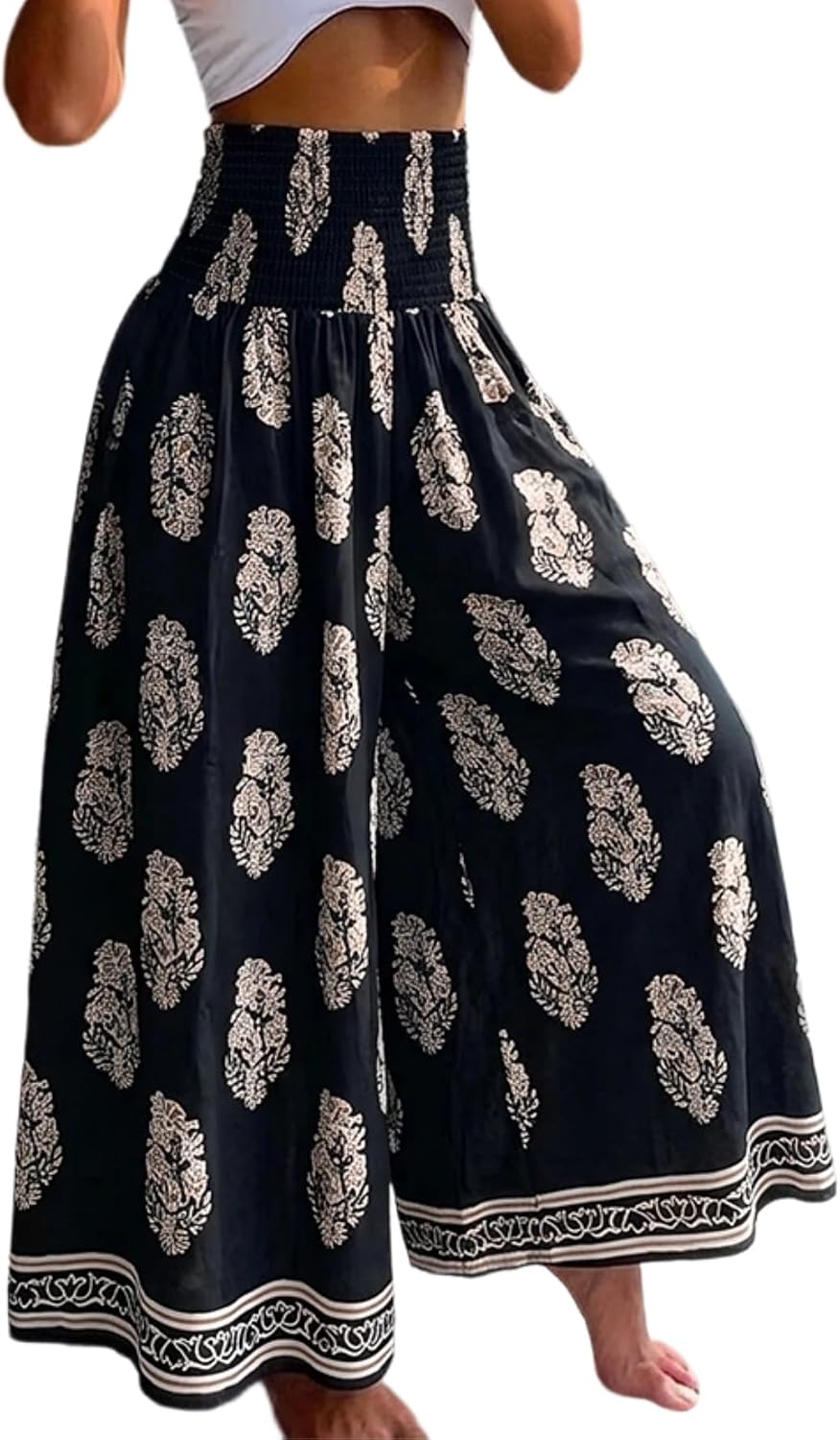 CHICME Womens Boho High Waisted Wide Leg Palazzo Pants Beach Vacation Wear
