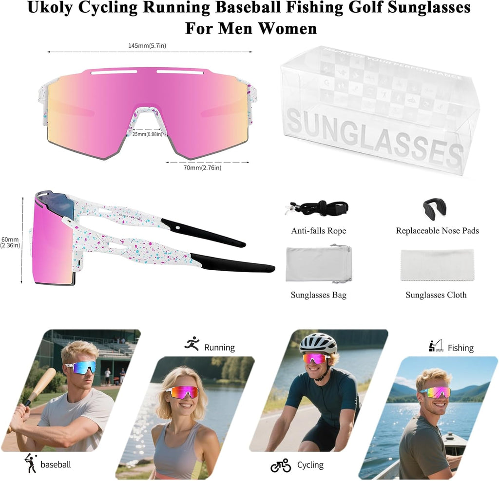 Ukoly Cycling Sunglasses for Men Women with 3 Interchangeable Lenses, Polarized Sports Sunglasses, Baseball Sunglasses