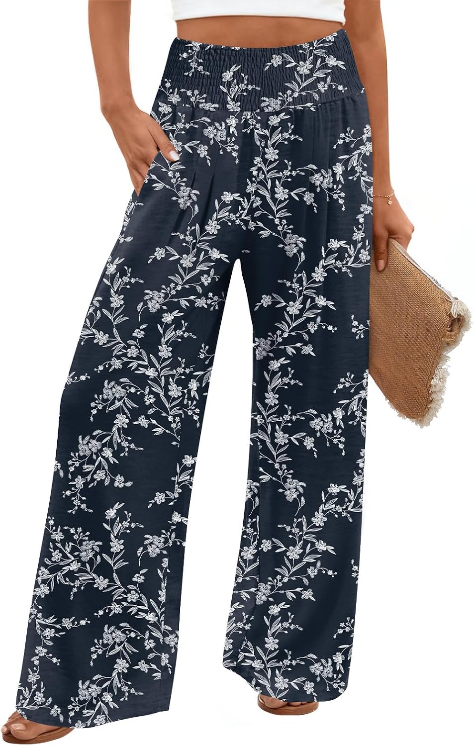Findsweet Womens Wide Leg Pants Palazzo Casual Flowy Elastic Waist Pant Dressy Long Lounge with Pockets