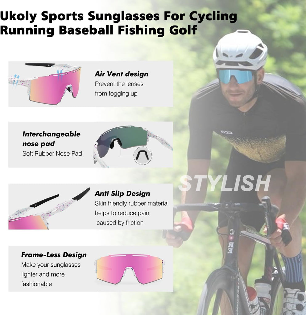 Ukoly Cycling Sunglasses for Men Women with 3 Interchangeable Lenses, Polarized Sports Sunglasses, Baseball Sunglasses