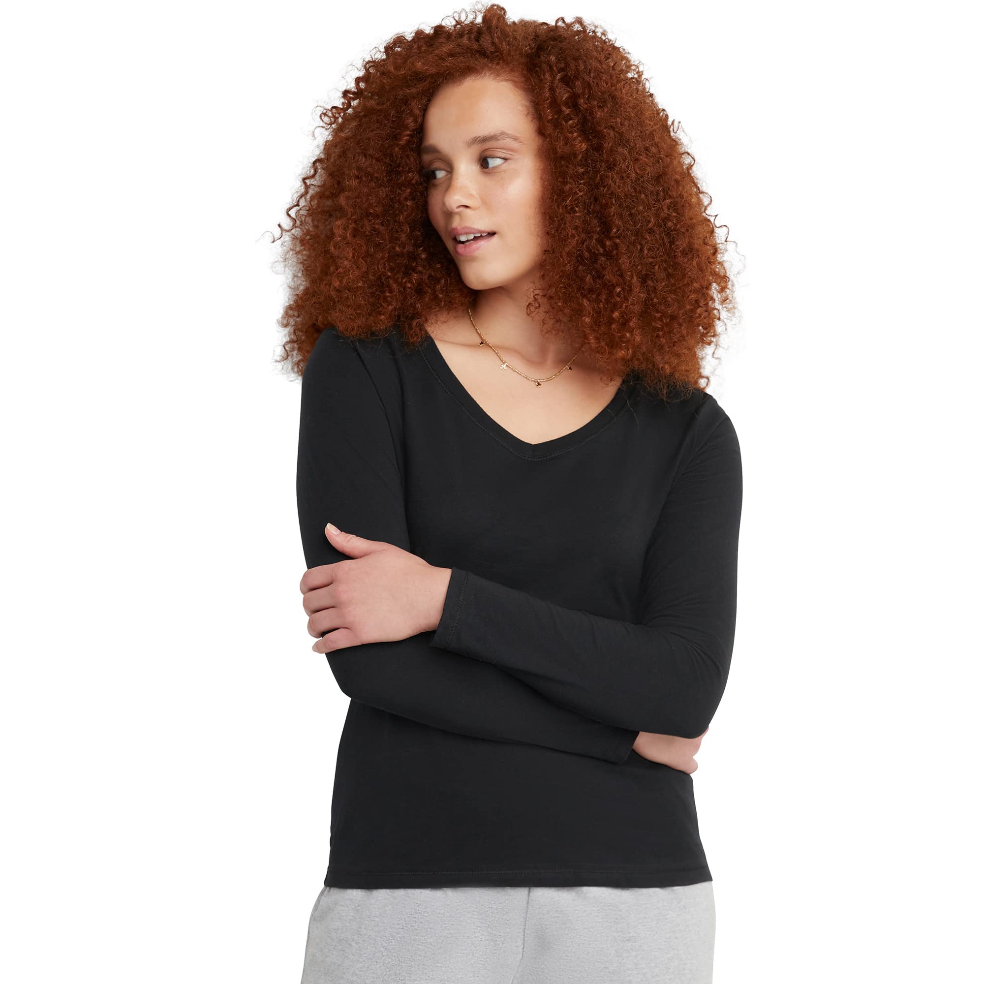 Hanes Women's Long Sleeve Cotton V-Neck T-Shirt, Lightweight V-Neck Tee, Modern Fit