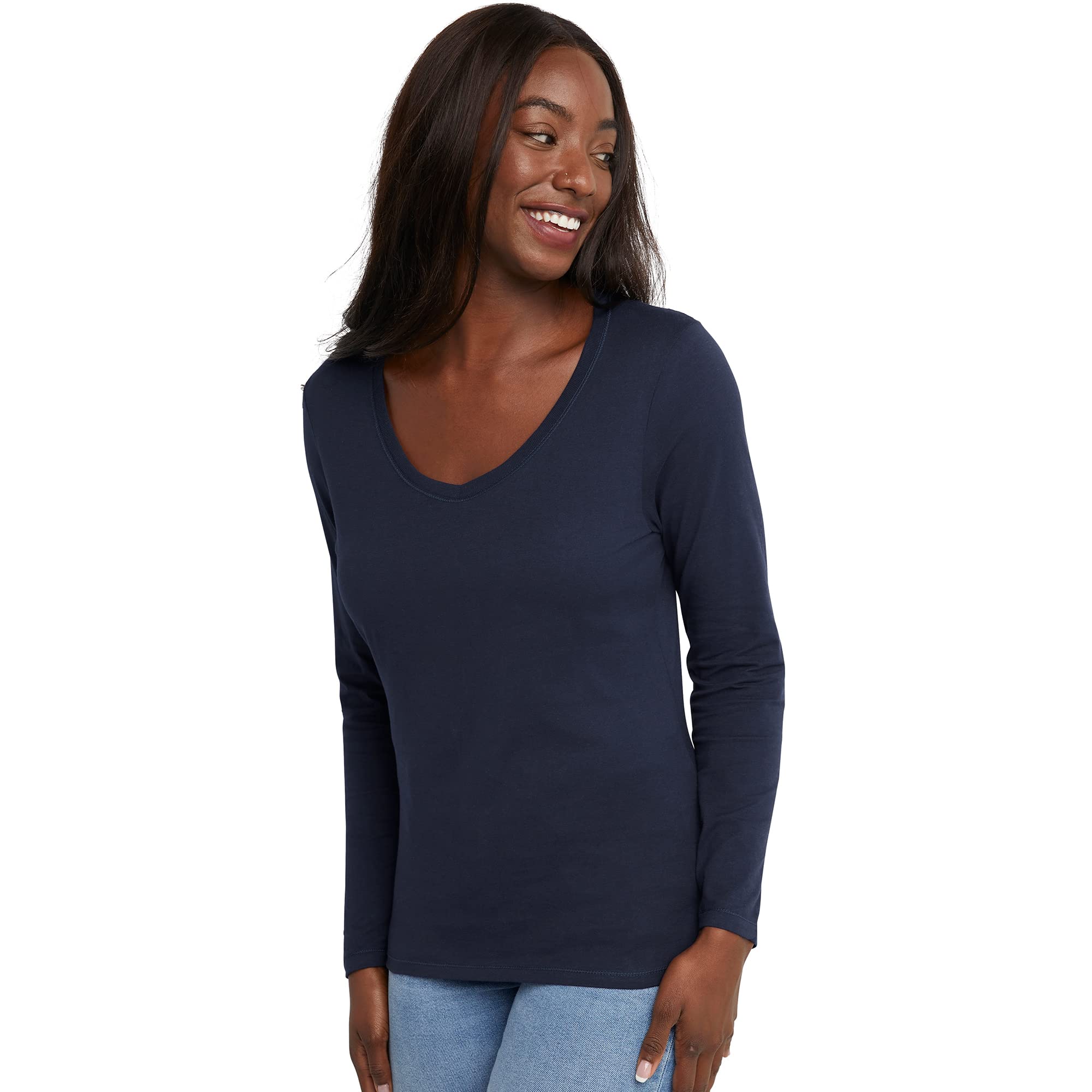 Hanes Women's Long Sleeve Cotton V-Neck T-Shirt, Lightweight V-Neck Tee, Modern Fit
