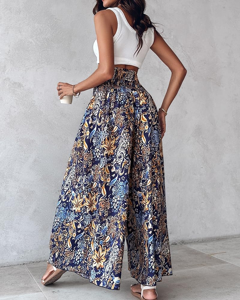 CHICME Womens Boho High Waisted Wide Leg Palazzo Pants Beach Vacation Wear