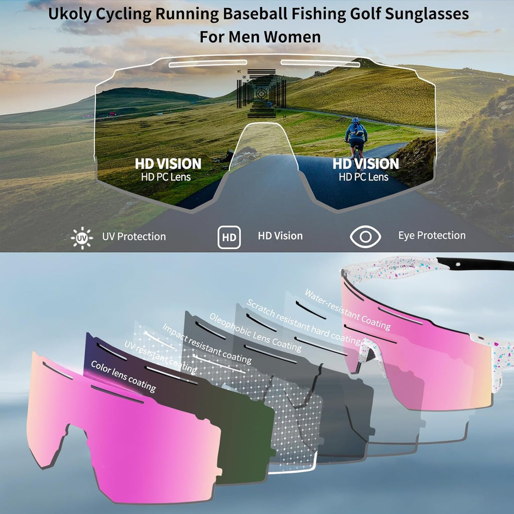 Ukoly Cycling Sunglasses for Men Women with 3 Interchangeable Lenses, Polarized Sports Sunglasses, Baseball Sunglasses