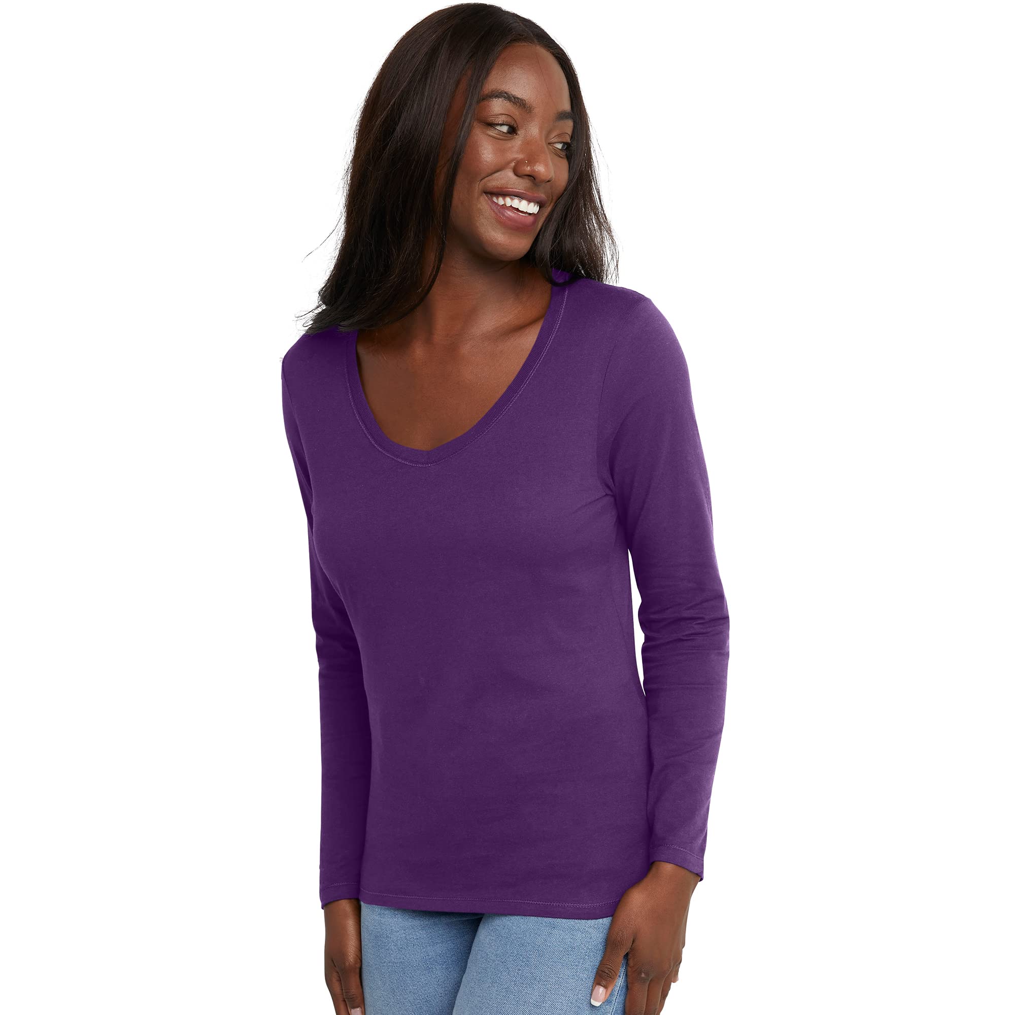 Hanes Women's Long Sleeve Cotton V-Neck T-Shirt, Lightweight V-Neck Tee, Modern Fit