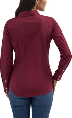 Women's Retro Long Sleeve Cool Blue Solid Western Shirt