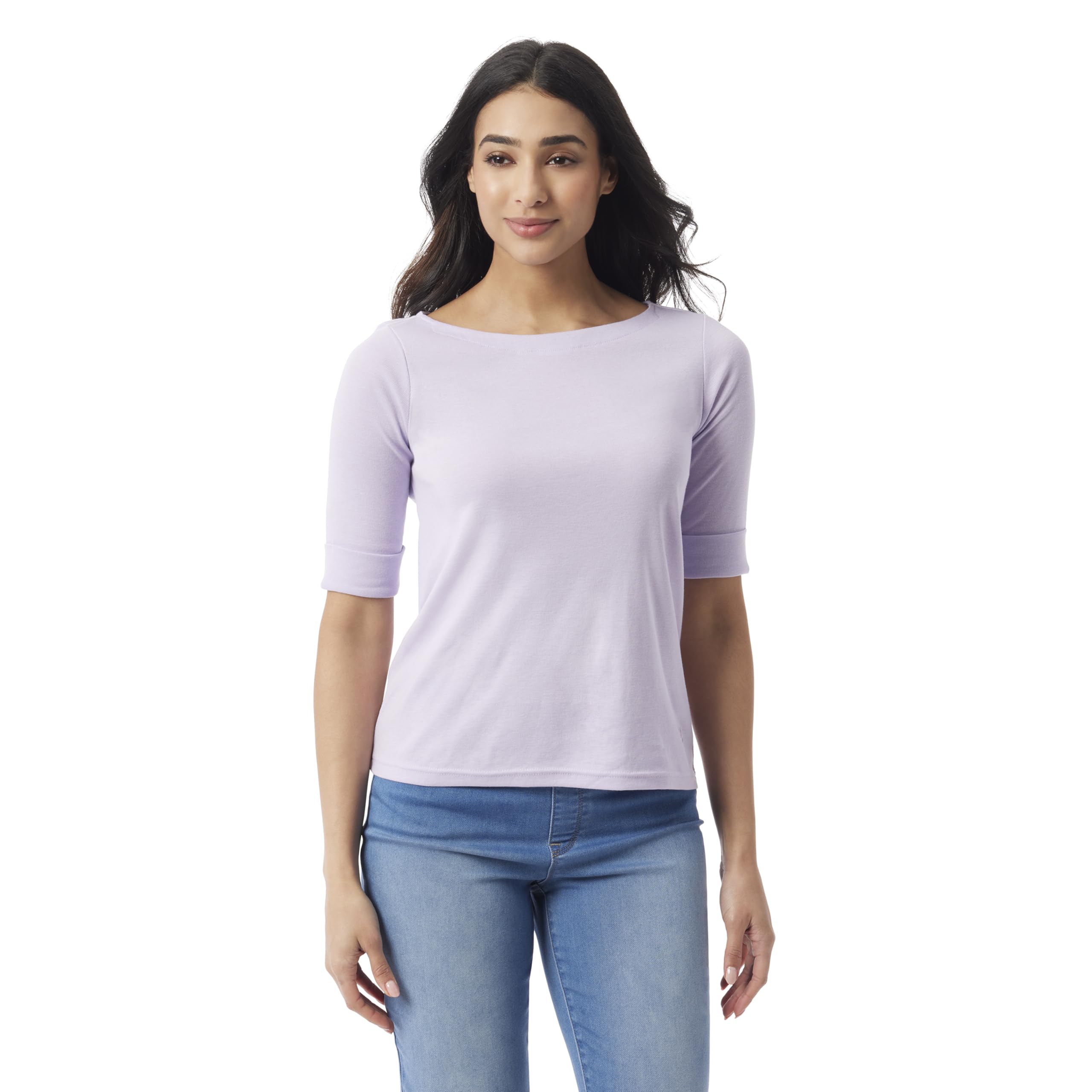 Gloria Vanderbilt Women's Alanis Boat Neck Knit Tee Shirt with Elbow Sleeves Standard