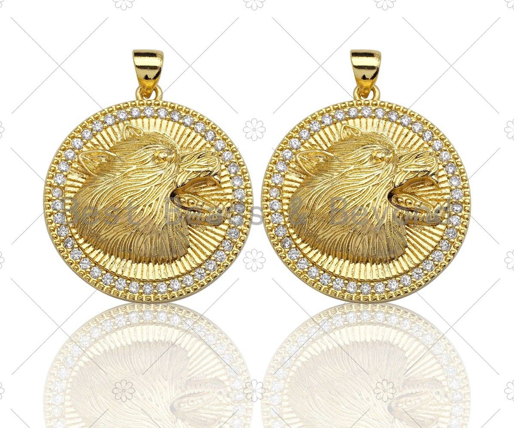 18K Gold Embossment Wolf Head On Round Coin Shape Pendant, Round Charm, Animal Pave Pendant, Gold plated, 25mm, Sku#LK60