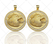 Load image into Gallery viewer, 18K Gold Embossment Wolf Head On Round Coin Shape Pendant, Round Charm, Animal Pave Pendant, Gold plated, 25mm, Sku#LK60