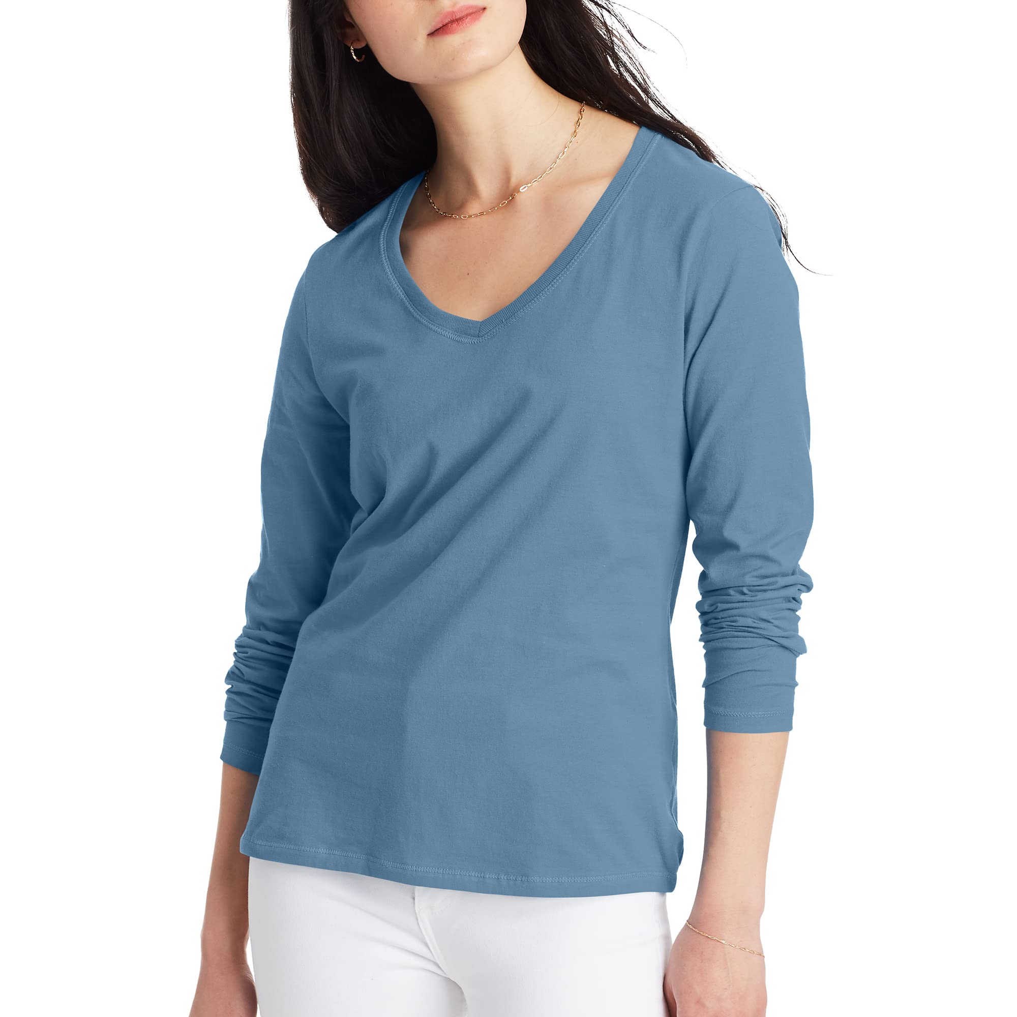 Hanes Women's Long Sleeve Cotton V-Neck T-Shirt, Lightweight V-Neck Tee, Modern Fit