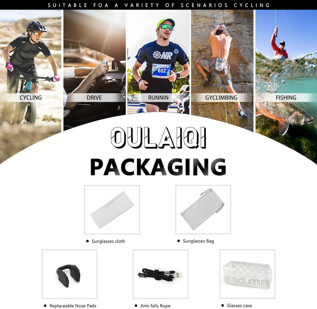 OULAIQI Cycling Sunglasses Polarized Sunglasses for Cycling Men Women with 1 Lens or 3 Interchangeable Lens Baseball Glasses