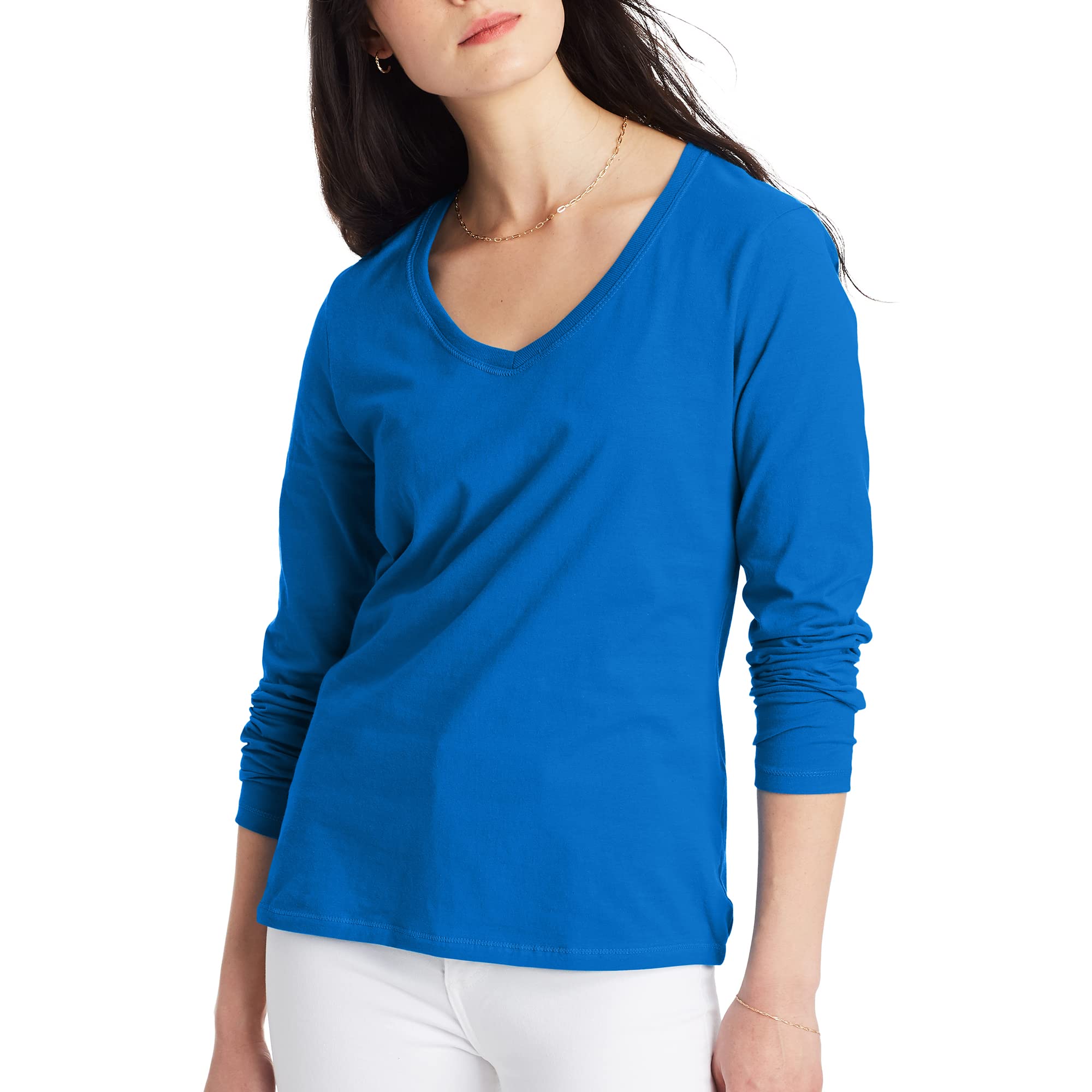 Hanes Women's Long Sleeve Cotton V-Neck T-Shirt, Lightweight V-Neck Tee, Modern Fit