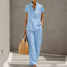 Load image into Gallery viewer, Cardigan &amp; Short Sleeve Top + Pants Three-Piece Set – Solid Color Casual Lounge