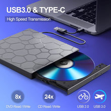 Load image into Gallery viewer, High-Speed USB 3.0 External CD/DVD Drive with Burner – Plug &amp; Play, Windows &amp; Mac Compatible