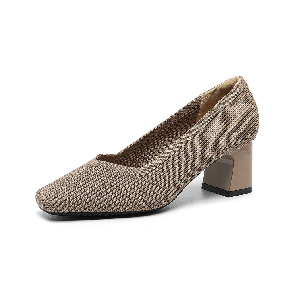 Women's Chunky Heel Square Toe Slip-On High Heels | Flyknit Upper | Multiple Colors