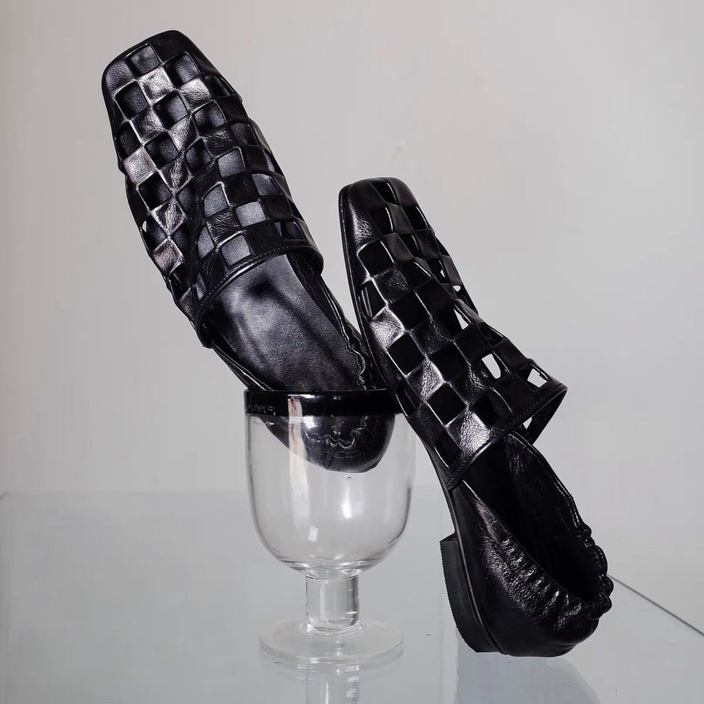 Women's Retro Square Toe Flat Loafers | Hollowed-Out Pleated Slip-On Shoes