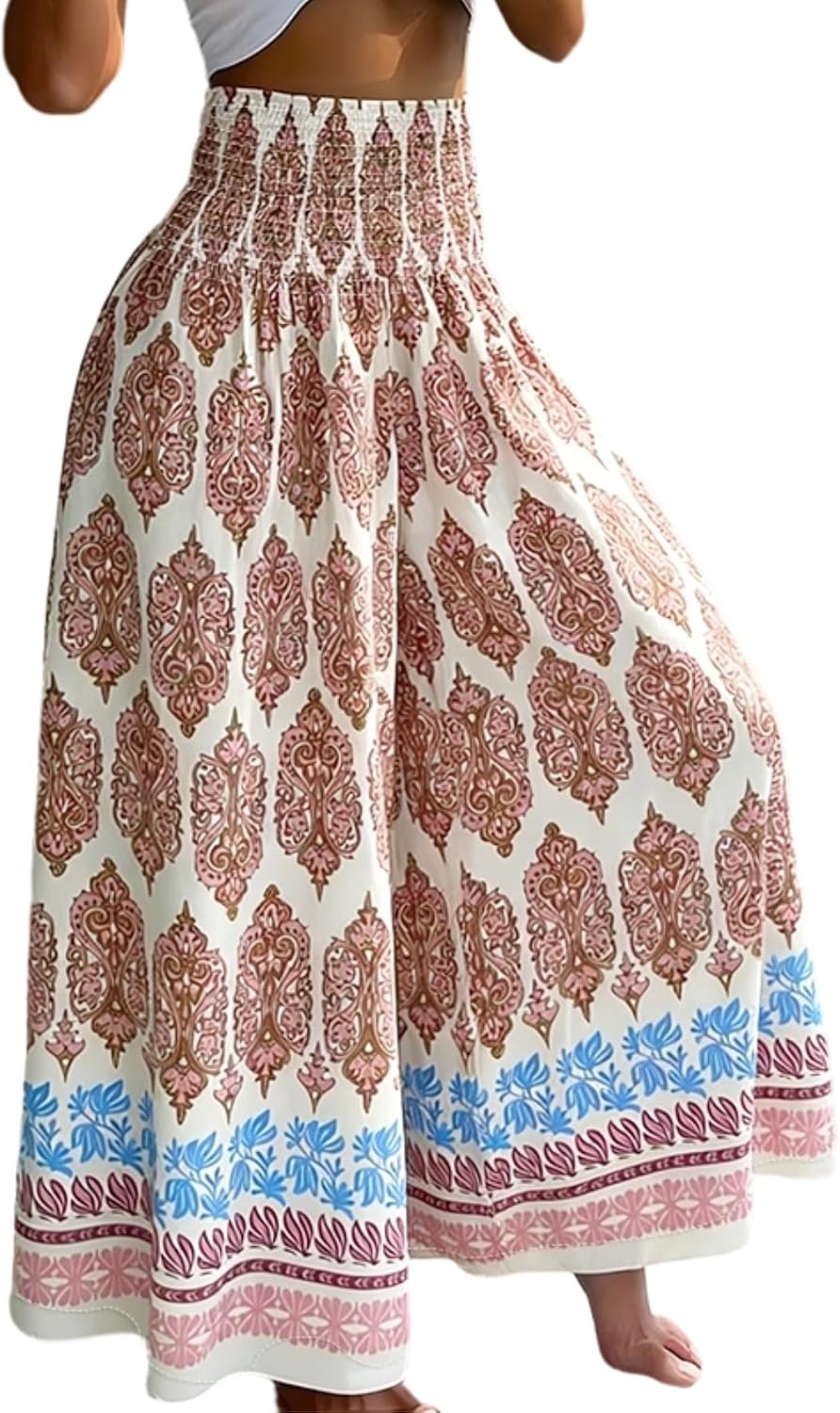 CHICME Womens Boho High Waisted Wide Leg Palazzo Pants Beach Vacation Wear