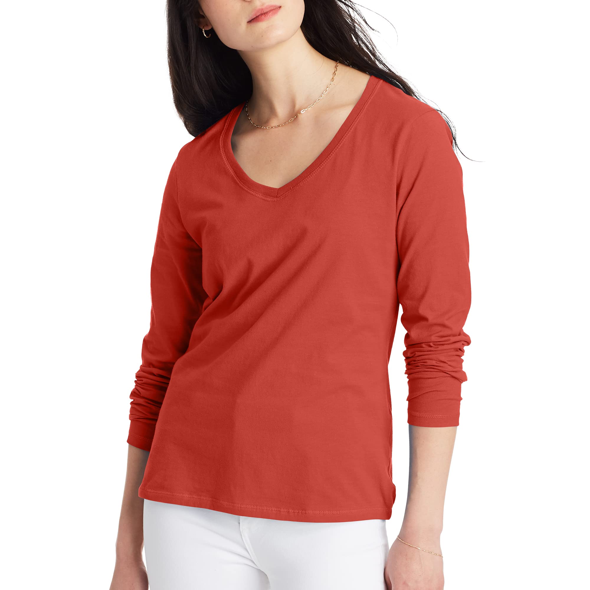Hanes Women's Long Sleeve Cotton V-Neck T-Shirt, Lightweight V-Neck Tee, Modern Fit