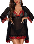 RSLOVE Women Sexy Lingerie Set 3 Piece Babydoll & Lace Kimono Robe Strap Chemise Sleepwear Mesh Nightgown