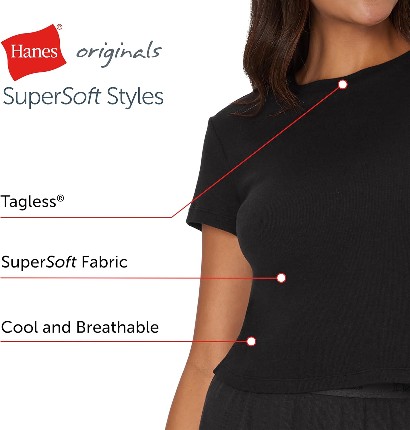 Hanes Women's Originals Baby Doll Tee, 2-Pack, Comfywear Supersoft Rib T-Shirt, Loungewear Pack