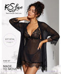 RSLOVE Women Sexy Lingerie Set 3 Piece Babydoll & Lace Kimono Robe Strap Chemise Sleepwear Mesh Nightgown