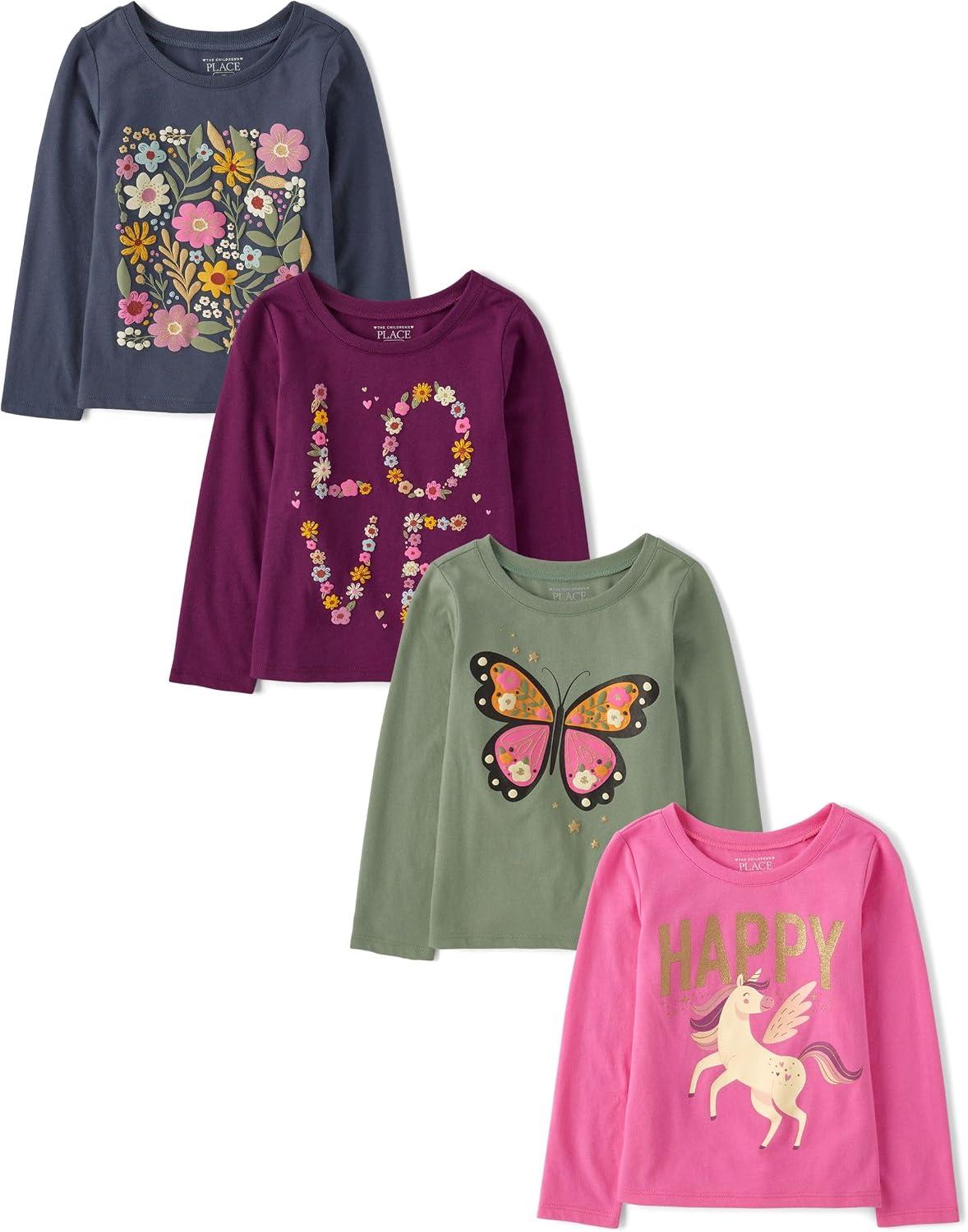 The Children's Place Baby Girls' and Toddler Unicorns,Butterflies,Trends Long Sleeve Graphic T-Shirts,4 Pack