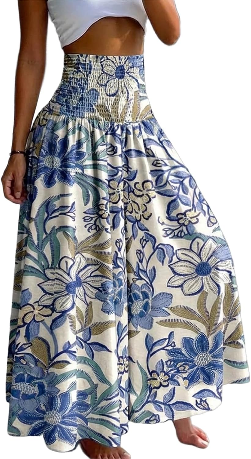 CHICME Womens Boho High Waisted Wide Leg Palazzo Pants Beach Vacation Wear