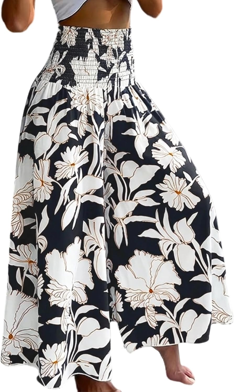CHICME Womens Boho High Waisted Wide Leg Palazzo Pants Beach Vacation Wear