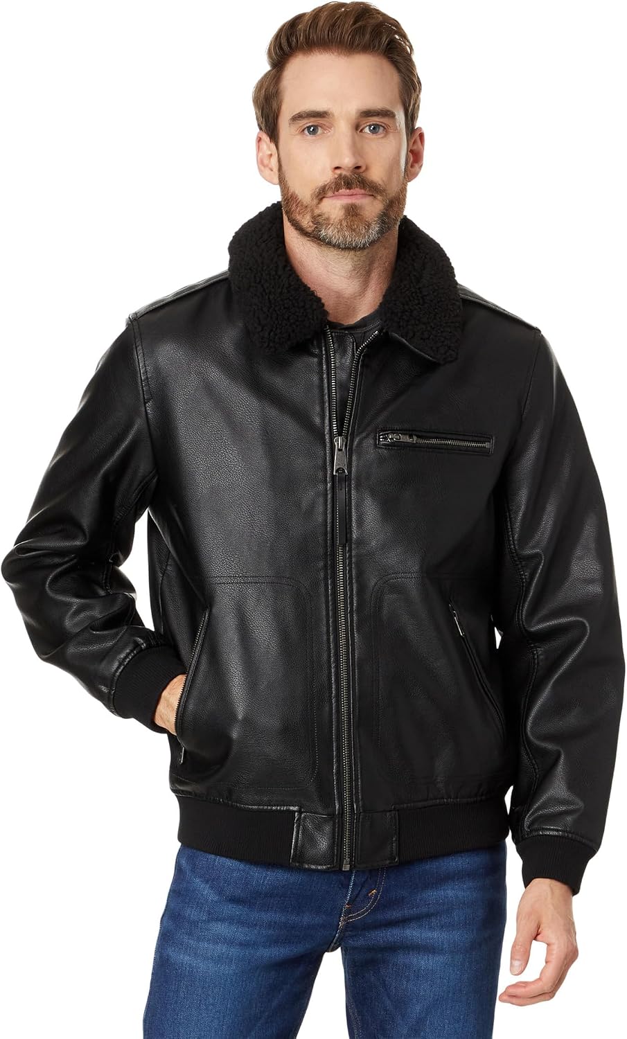 Levi's Men's Faux Leather Aviator Bomber Jacket With Sherpa Collar