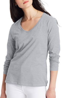 Hanes Women's Long Sleeve Cotton V-Neck T-Shirt, Lightweight V-Neck Tee, Modern Fit