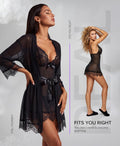 RSLOVE Women Sexy Lingerie Set 3 Piece Babydoll & Lace Kimono Robe Strap Chemise Sleepwear Mesh Nightgown