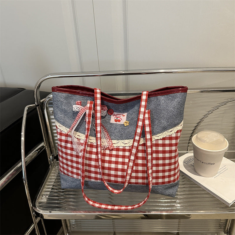Korean Lace-Trim Color-Block Plaid Tote Bag
