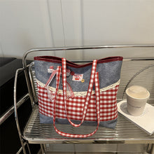 Load image into Gallery viewer, Korean Lace-Trim Color-Block Plaid Tote Bag