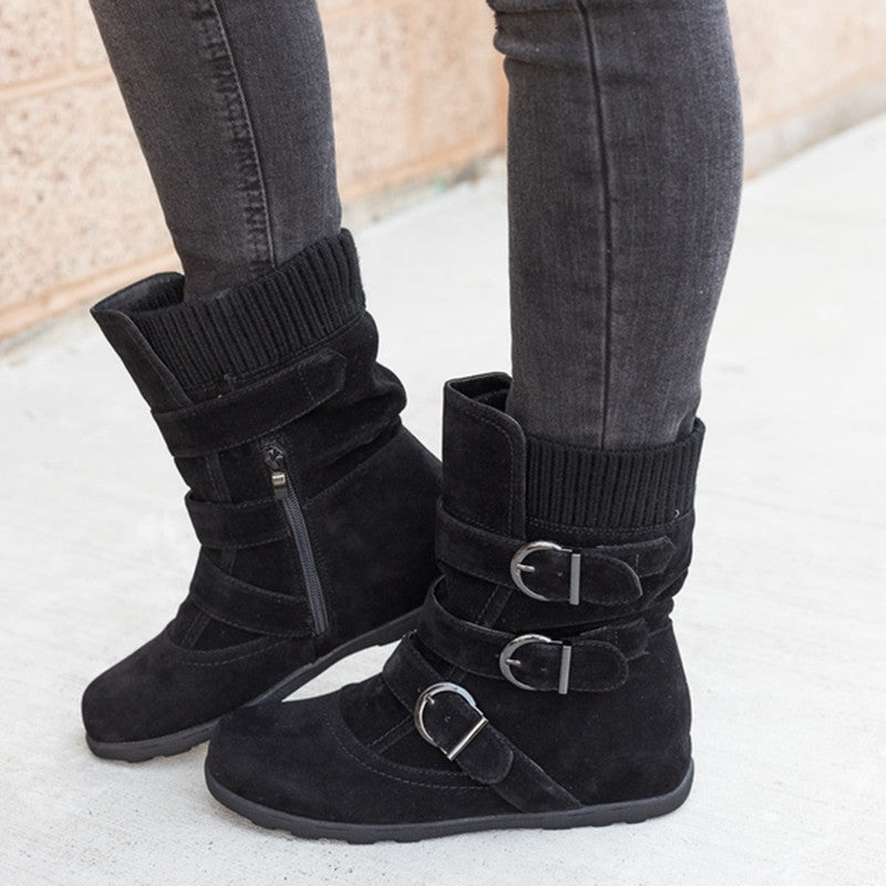 Women's Buckle Strap Winter Boots | Matte Round-Toe Flat Ankle Boots