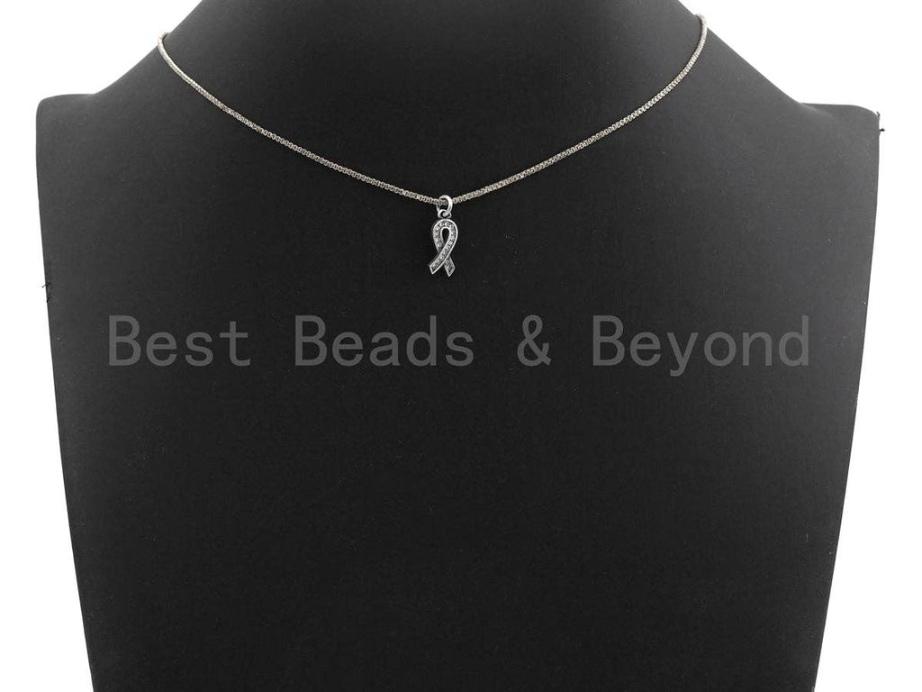 Rhidium CZ Micro Pave Breast Cancer Awareness Ribbon Charm, AIDS Care Cubic Zirconia Pendant Charm, Antique Silver Color, 6x16mm,sku#X117