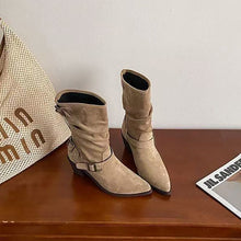 Load image into Gallery viewer, Women's Chunky Heel Pleated Suede Booties | Buckle Strap High Shaft Boots