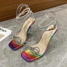Load image into Gallery viewer, Rhinestone Bow Crystal Clear Wine Glass Heel Sandals - Women's Square Toe High Heel Buckle Sandals