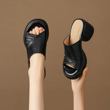 Load image into Gallery viewer, Women's Ruched Block Heel Slides | Open-Toe Lambskin Leather Mules