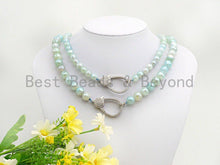 Load image into Gallery viewer, Aqua Blue Agate Attachment Necklace with Large CZ Pave Silver clasp, Pave Diamond Beaded Choker, 18 long, 8mm/10mm beads size, sku#D44