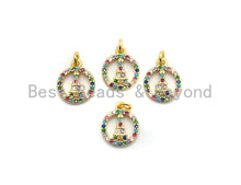 Load image into Gallery viewer, CZ Colorful Micro Pave Round With Eiffel Tower Pendant, Hollow out Round Shaped Pave Pendant, Gold plated, 10x12mm, Sku#F722