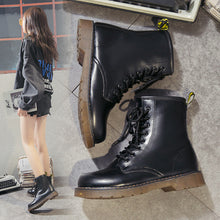 Load image into Gallery viewer, Women's Chunky Lace-Up Dr Martens-Style Boots – Round Toe, Mid-Heel, Black PU Leather