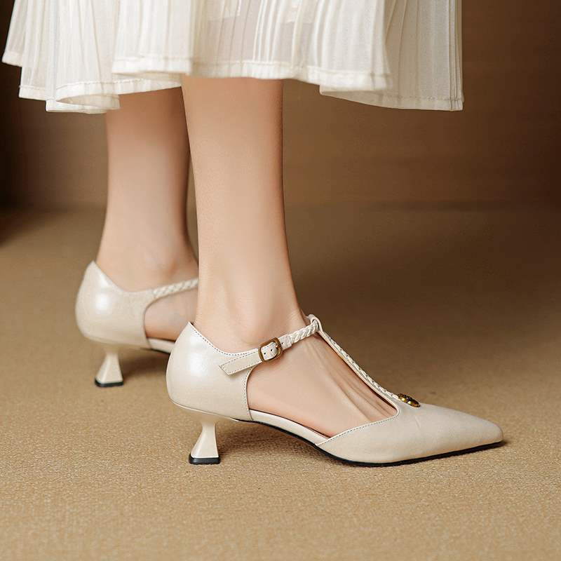 French Retro Camellia-Embellished Ballet Flats - Genuine Leather Stiletto Heels for Women